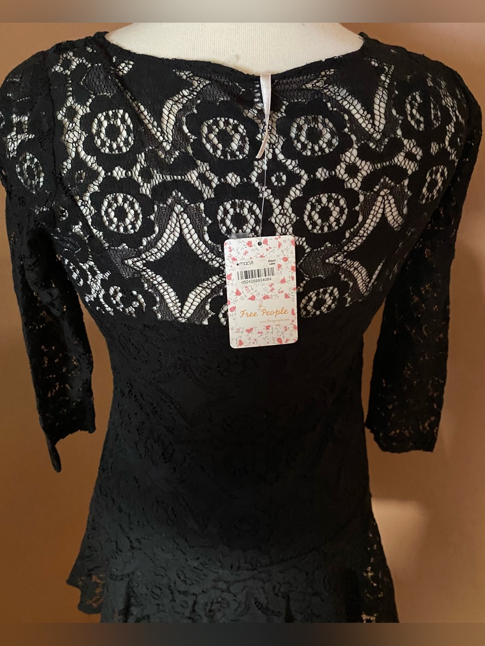 Free People Black Lace Fit & Flare Dress 3/4 Sleeve Boho Size 0 xsmall - Picture 6 of 9